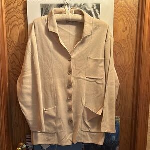 Women's Cream Sweater Collared Cardigan with wooden buttons and front pockets